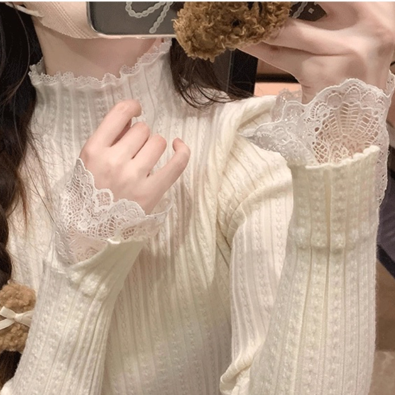 法式半高领蕾丝内搭打底毛女衣秋冬季修身洋气针织衫小众长袖上衣