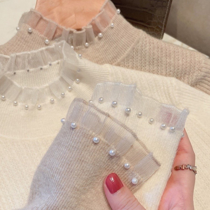 小香风半高领长袖内搭打底衫女秋冬新款珍珠毛衣2025蕾丝针织上衣