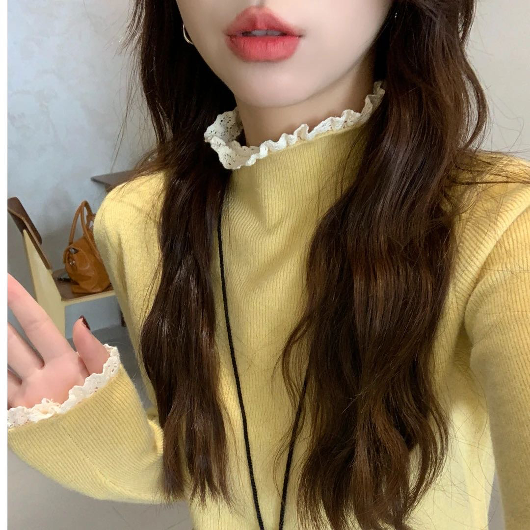 蕾丝花边半高领针织衫女内搭上衣假两件毛衣秋冬季内搭打底衫924