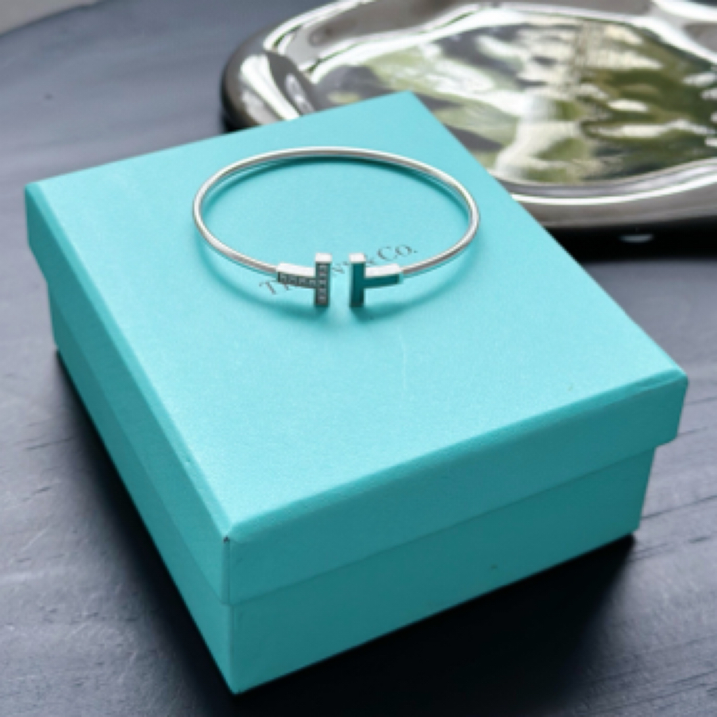95新 Tiffany & Co./蒂芙尼 双T白金镶钻 绿松石手镯，S码 无附件