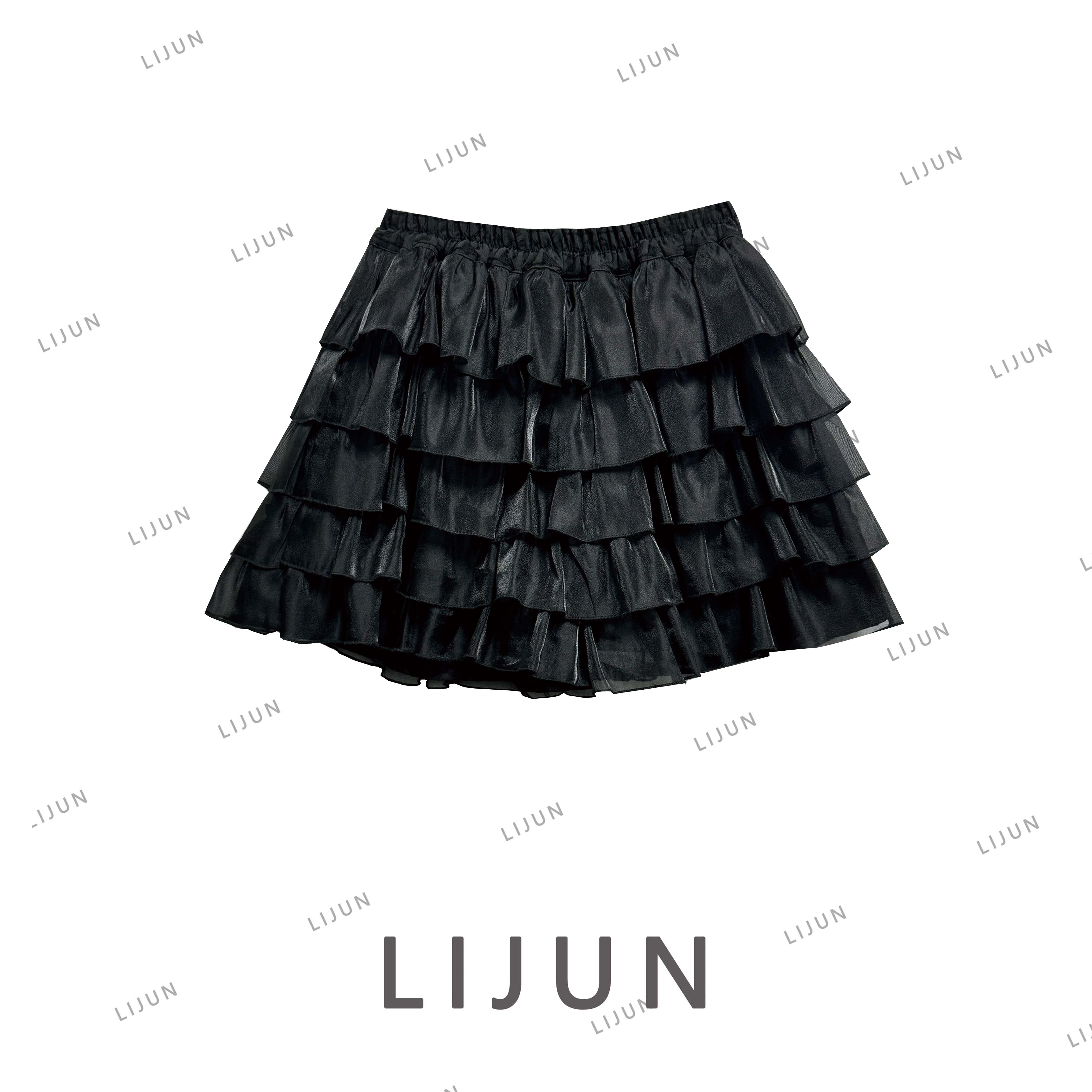 1102篱君百褶短裤裙黑色显瘦洋气高腰时尚百搭荷叶边短裙