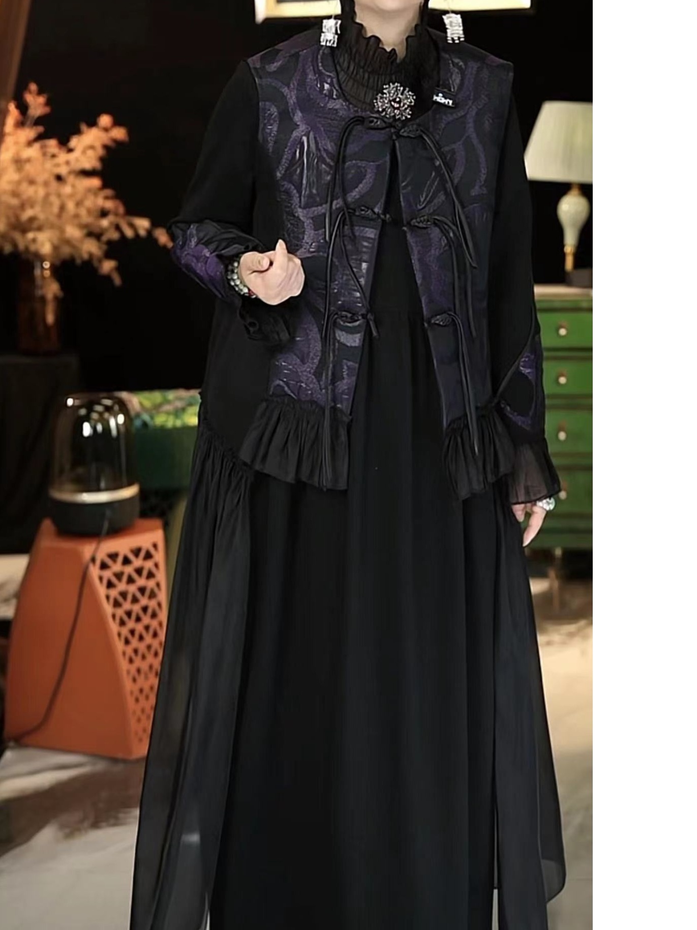 1134篱君秋季新款拼纱马甲中国风提花尊贵紫时尚宽松显瘦上衣女