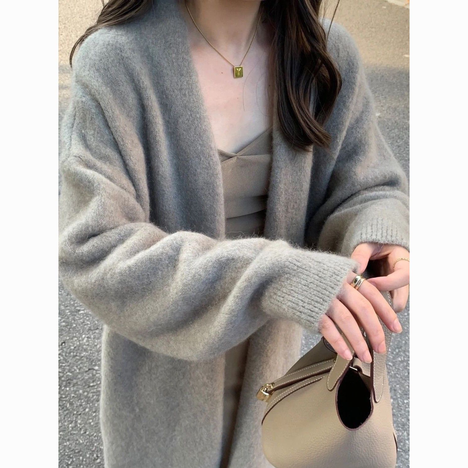 MANO日系长款过膝针织开衫大衣女宽松慵懒风秋冬新款毛衣外套女