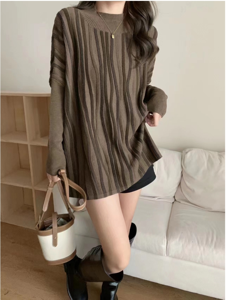 8202秋冬时尚针织圆领毛衣韩版宽松百搭高领休闲条纹慵懒风套头女