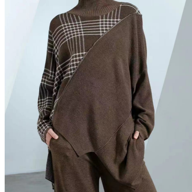 【梓涵】2025秋冬拼色撞色格子设计师不规则韩版圆领针织衫 23838