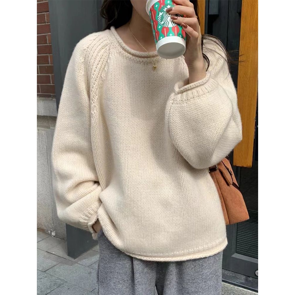 洋气黄色针织衫毛衣套头2023新款女初秋粗棒针宽松慵懒风上衣外穿