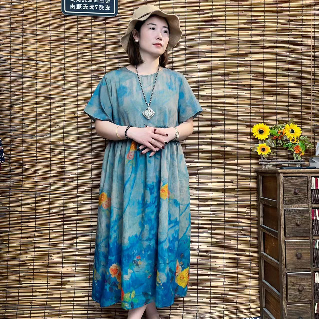 8597文艺短袖领印花茧形显瘦长款大摆连衣裙2024春季新款大码时尚