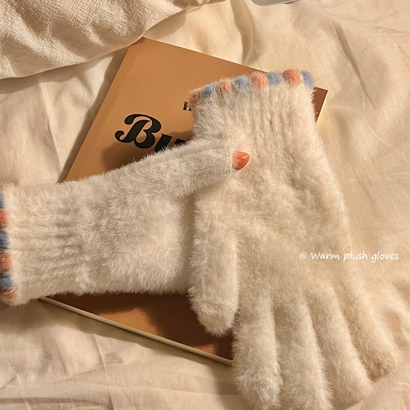 可爱毛绒手套女冬季露指可触屏玩手机分指五指保暖骑行2023新款