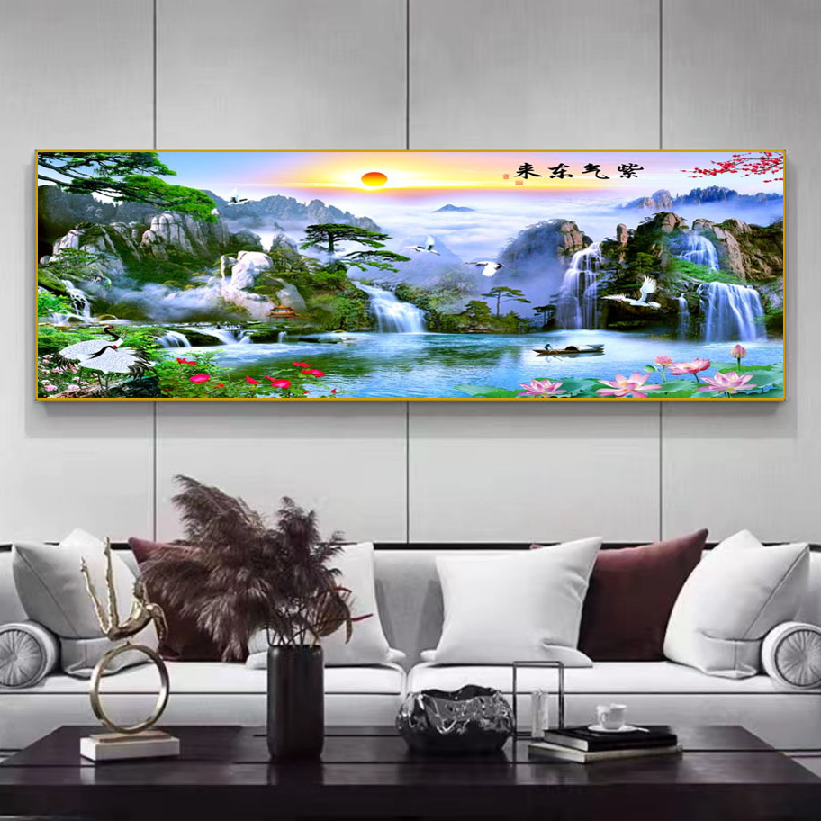 紫气东来现代简约客厅沙发背景墙装饰画山水风景挂画横版单幅壁画