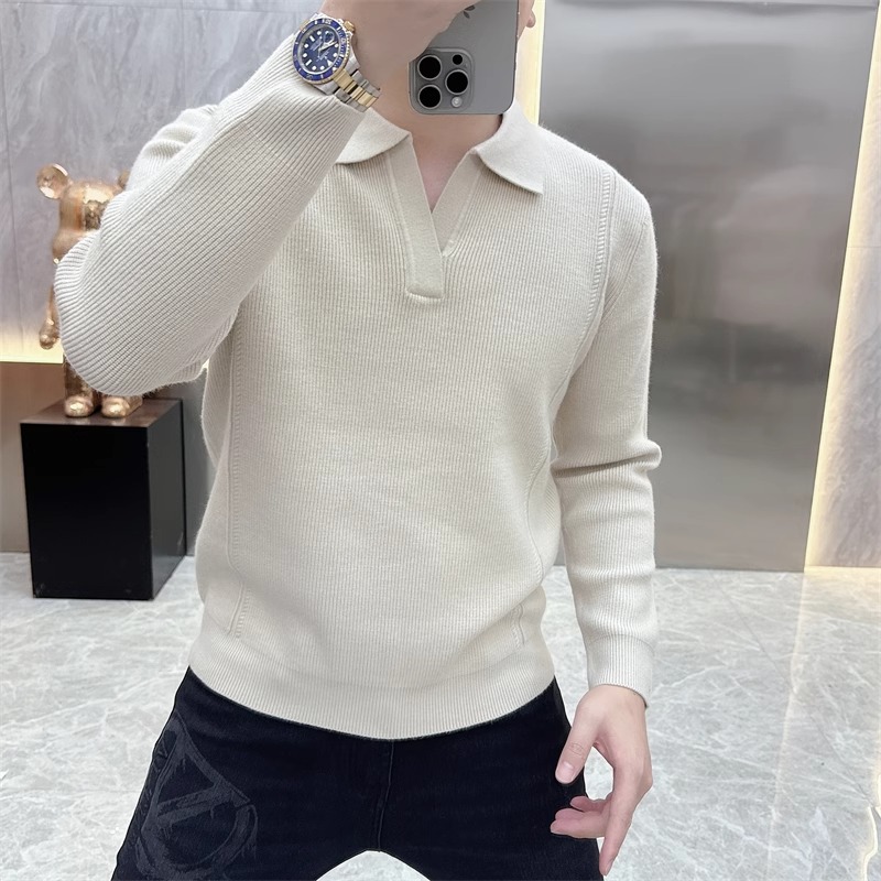 2024秋冬新品简约百搭纯色时尚翻领毛衣修身长袖打底针织衫男1721
