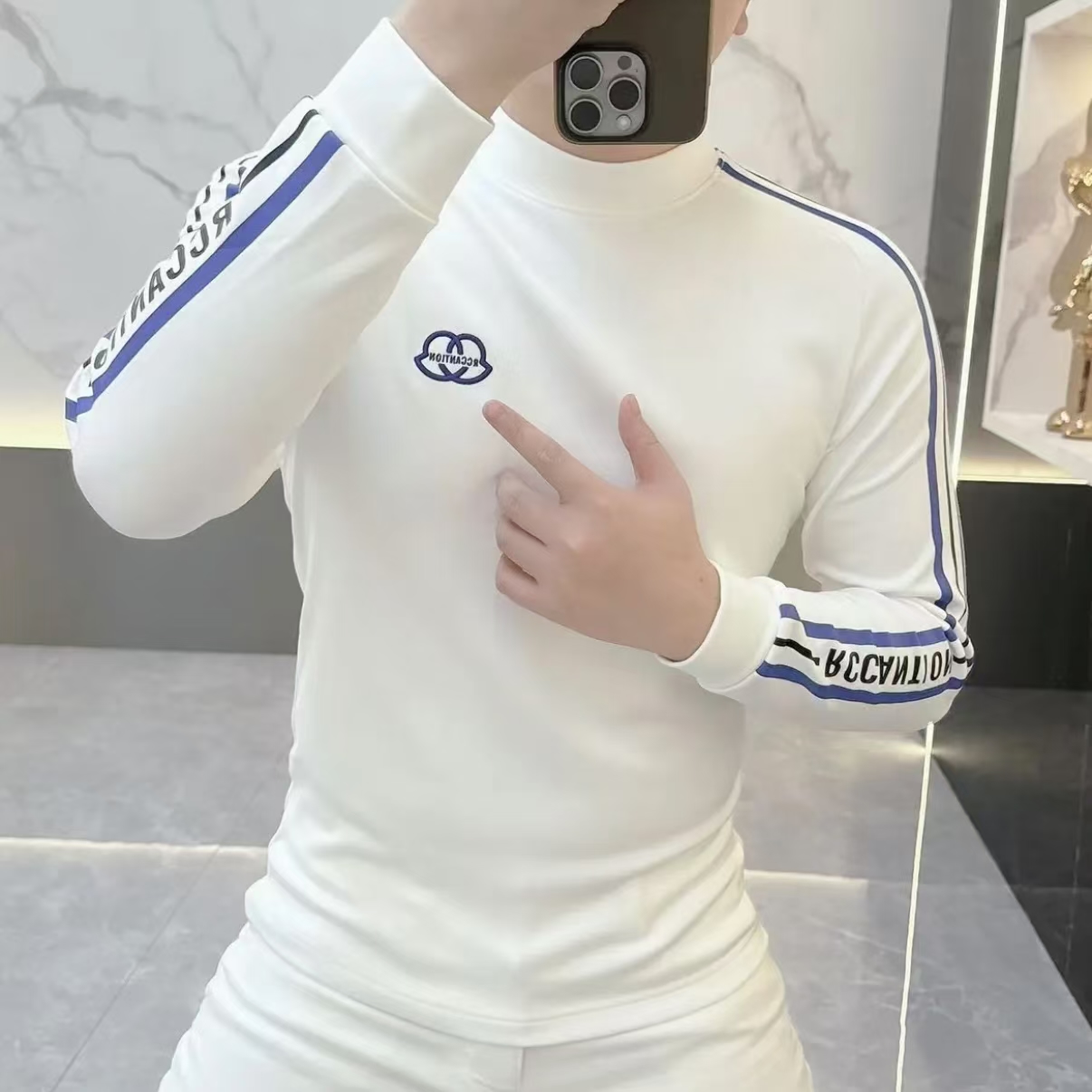 2025新款欧货秋冬男士长袖T恤加绒加厚圆领修身印花打底衫潮9345