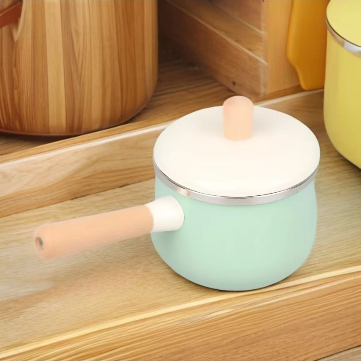 【搪瓷制品 微瑕慎拍】G42搪瓷奶锅木柄单柄绿草奶锅孤品