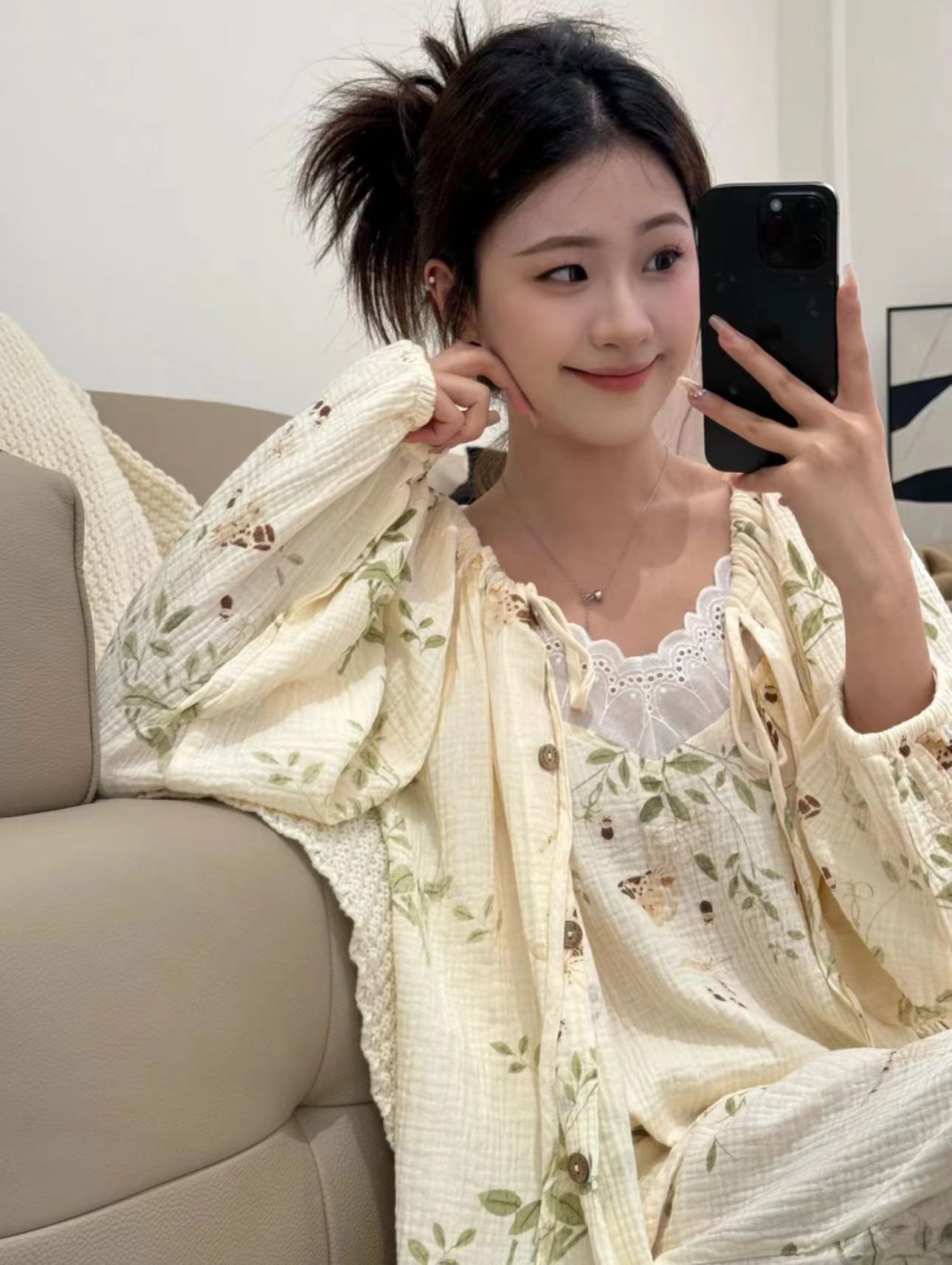 VINEEMAN【蝶恋】亲肤纯棉睡衣秋季女款长袖三件套家居服