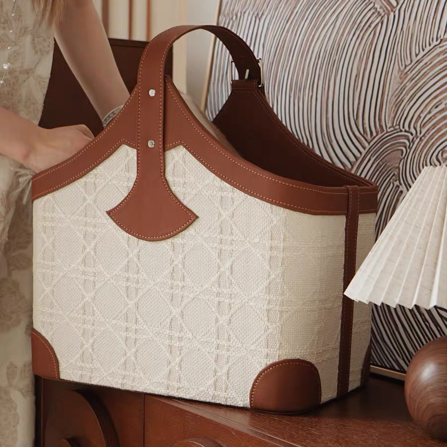 经典法式手提式藤格纹皮革收纳框卧室衣帽间脏衣篓客厅多用收纳框