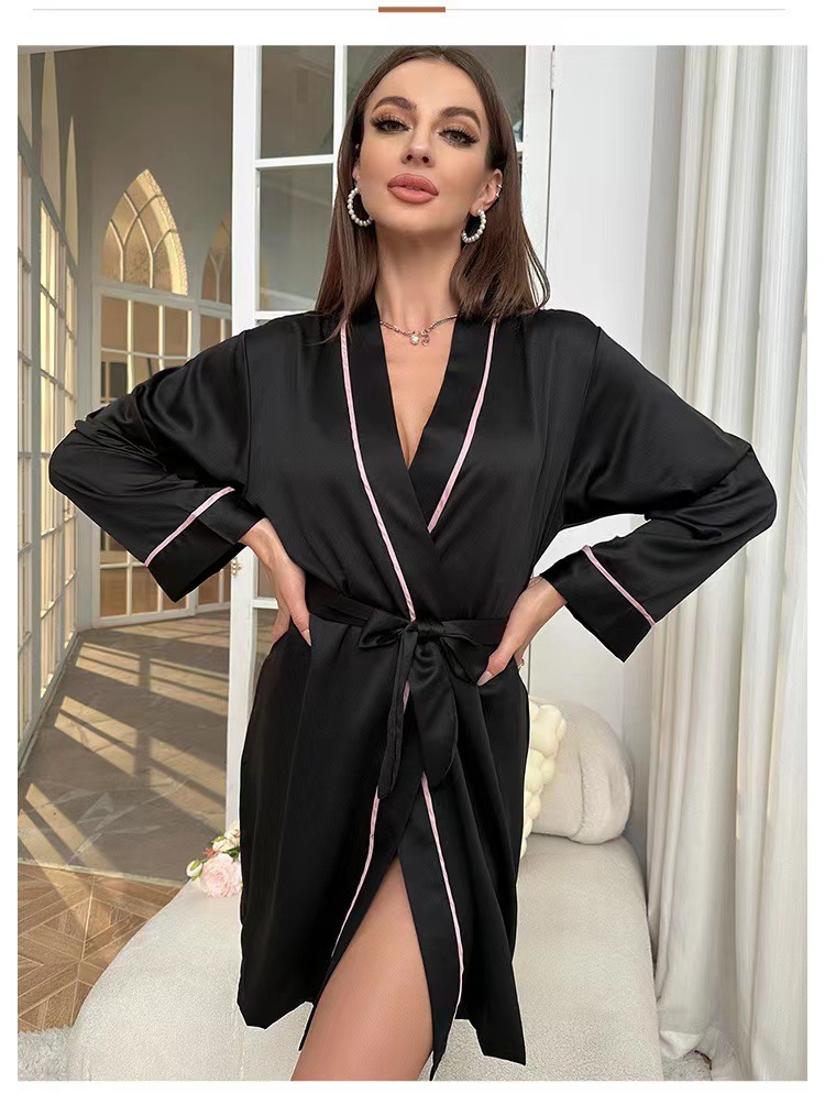 现货长款冰丝睡袍夏季薄款时尚简约家居服女士性感开衫浴袍