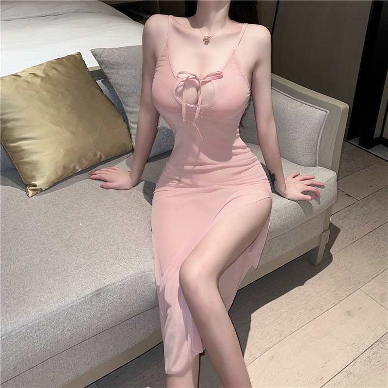 会装透明性感女装蕾丝修身v领网纱半透连衣裙长裙女