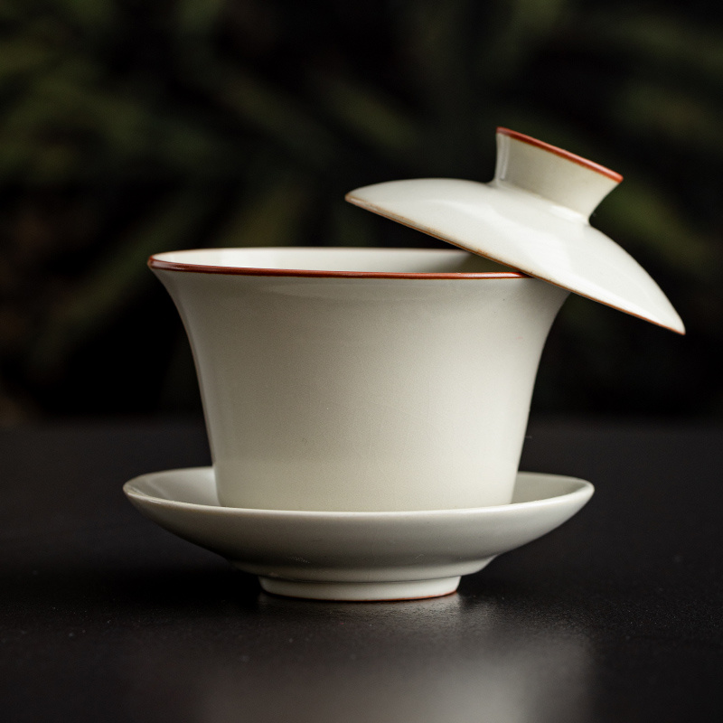 米黄汝窑三才盖碗茶杯单个高档不烫手汝瓷泡茶茶碗带盖大号大容量