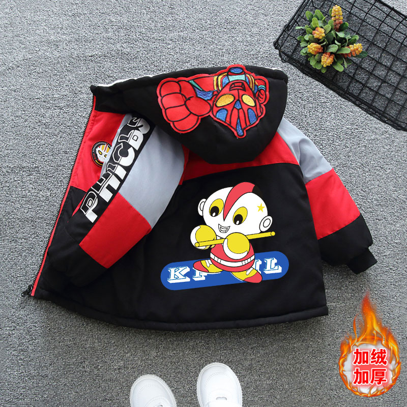 冬季秋冬帅气连帽洋气宝宝中大童加绒加厚休闲外套红棉服款棉袄