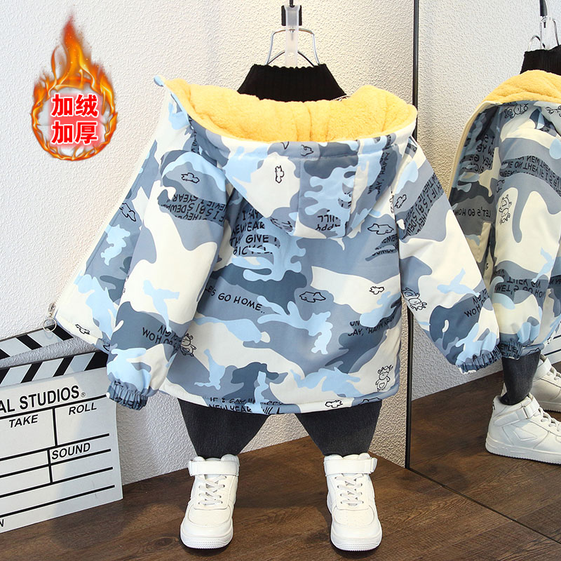 春秋宝宝帅气花棉袄军大衣棉衣洋气连帽外套秋冬款新款儿童潮