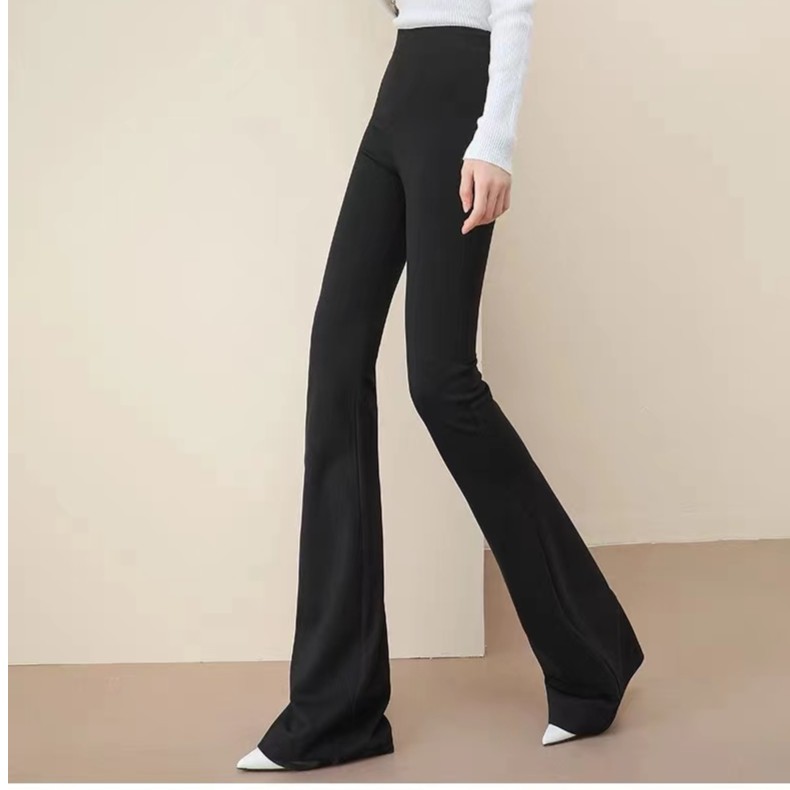 微喇叭秋冬女裤百搭修身显瘦垂坠感阔腿拖地喇叭长裤黑色时尚