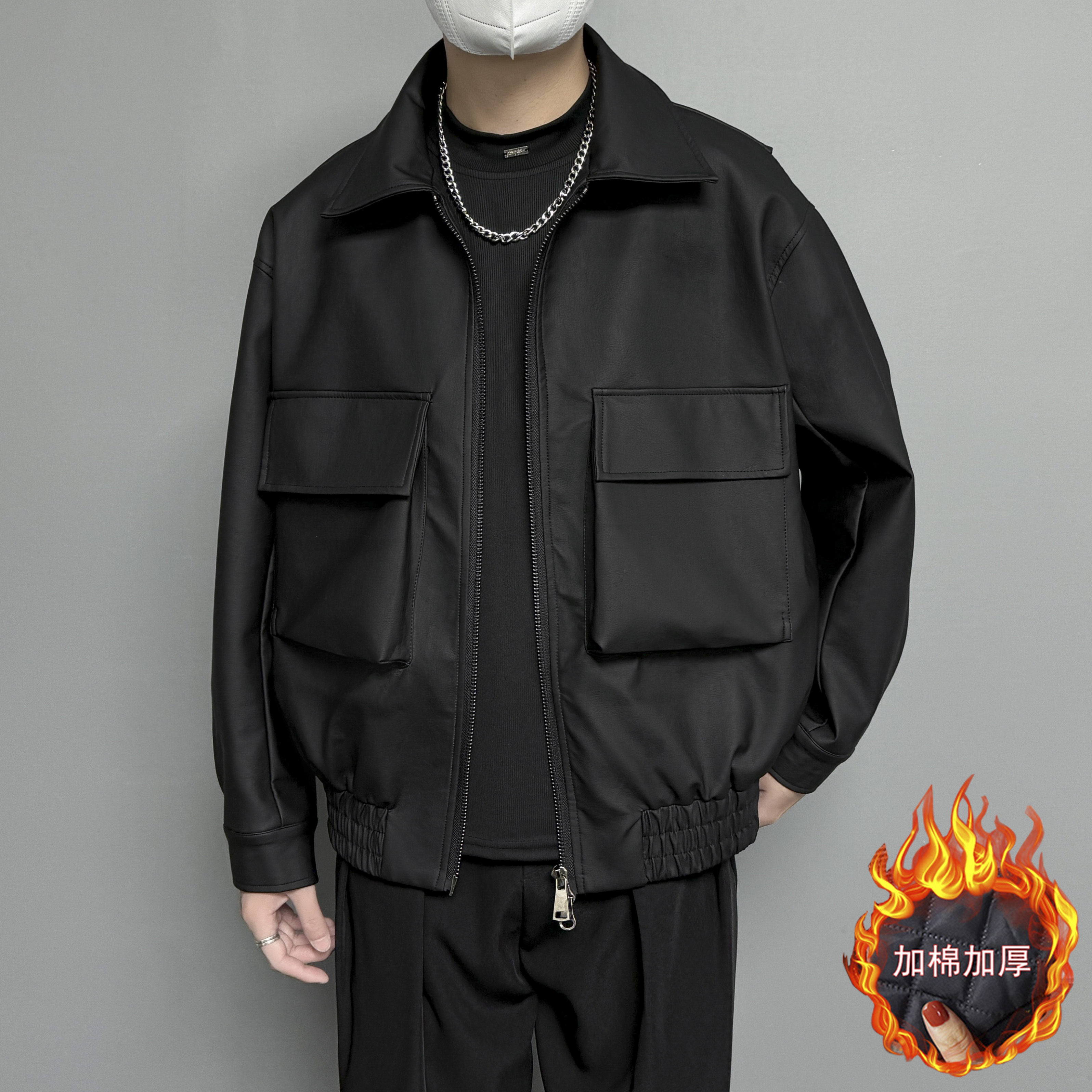 潮男前线秋冬重磅美式机车风短款皮棉衣夹克外套潮流痞帅翻领时尚