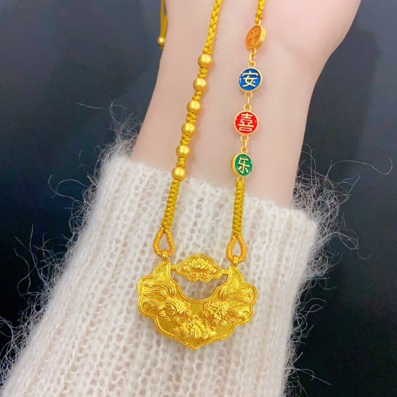雕创 铜合金布艺吊坠  锦鲤锁黄色绳子平安喜乐（45长）女款项链A26