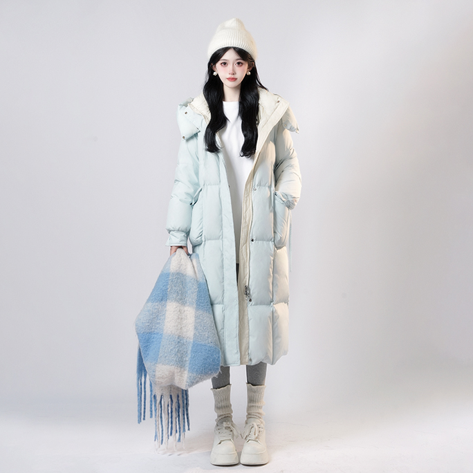 棉服韩系拼色长款白鸭绒女冬季2023新款设计感小众过膝粉色羽绒服