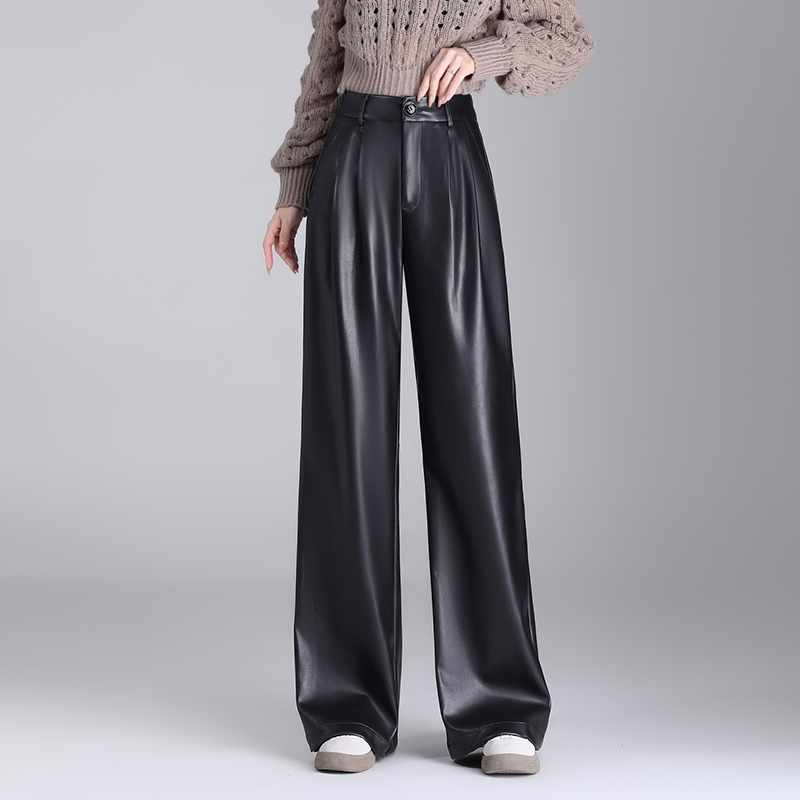 蛋白皮裤女秋冬季2025高腰显瘦宽松直筒休闲窄版垂感阔腿裤长裤
