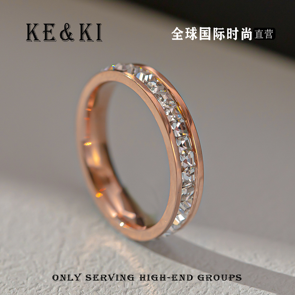 钛钢合成锆石戒指 1022韩版轻奢方钻满天星戒指简约时尚个性戒指