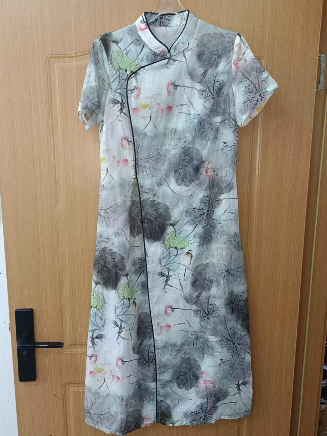 高级感荷塘夜色水墨画时尚气质苎麻连衣裙10001（C10-6）