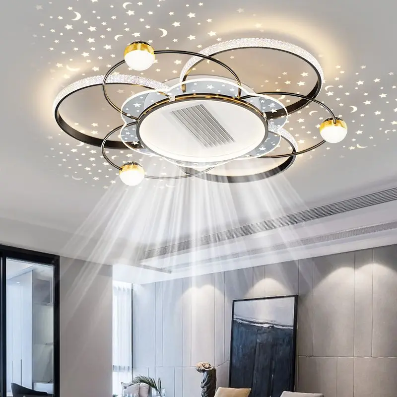 超薄无叶风扇灯摇头风扇客厅主灯天花板奶油满天星吸顶灯智能全屋