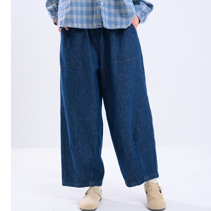 K68女款云朵牛仔泡泡裤春秋休闲裤直筒复古宽松文艺日系水洗