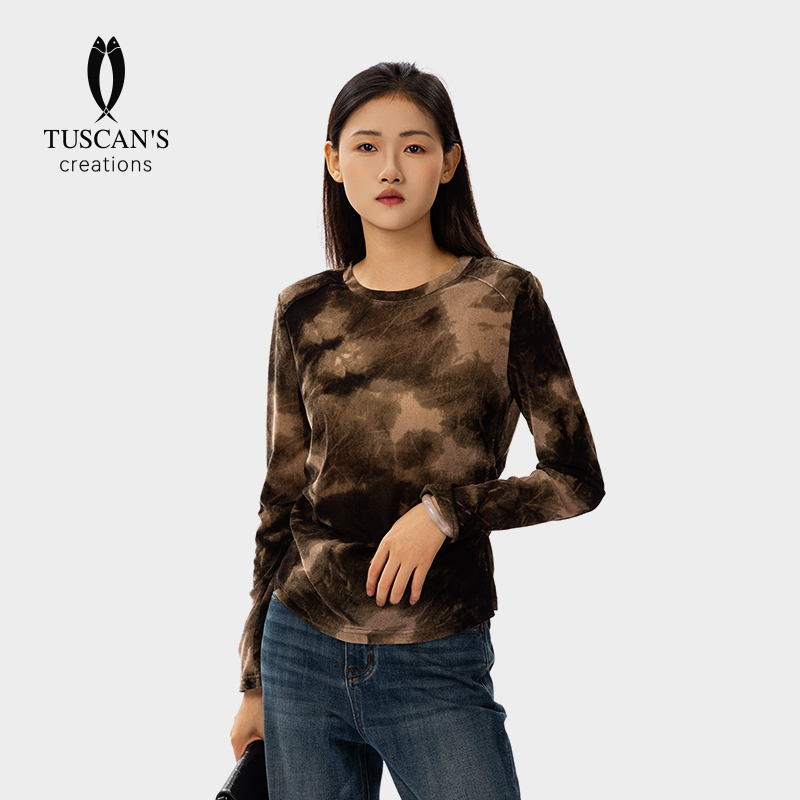 渐变扎染长袖打底衫女春秋季2024新款圆领修身褶皱t恤上衣TS时代