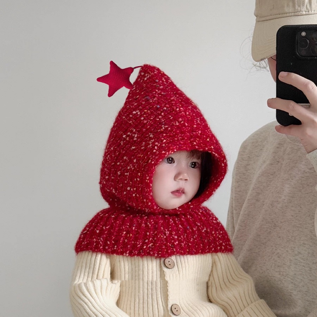 圣诞宝宝帽子冬天尖尖护耳帽婴幼儿童针织毛线帽可爱精灵帽子红色
