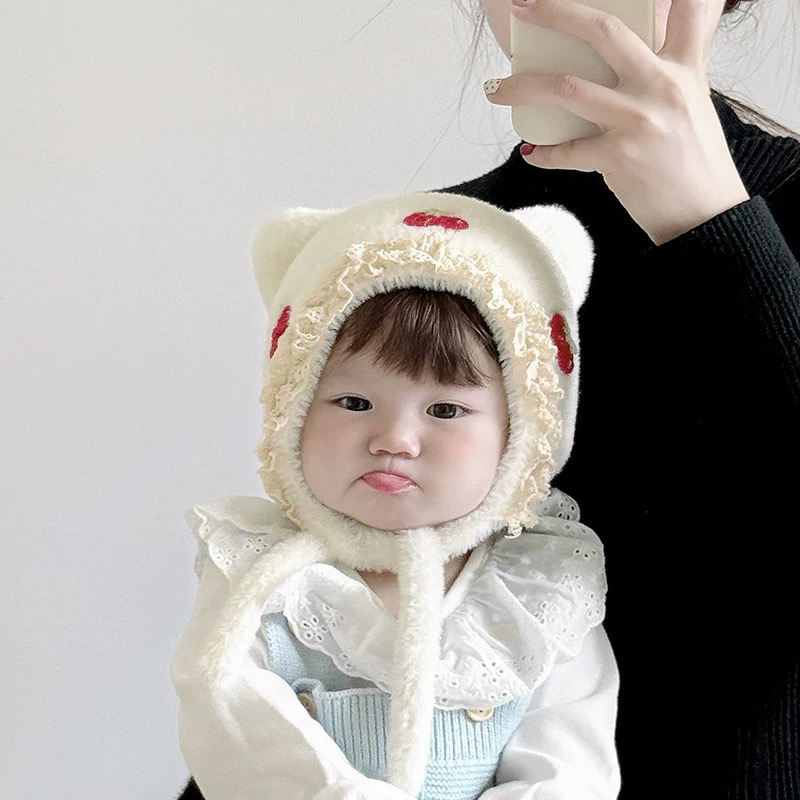 升级款 可爱卡通猫耳朵帽宝宝超萌小樱桃套头帽男女童保暖护耳帽