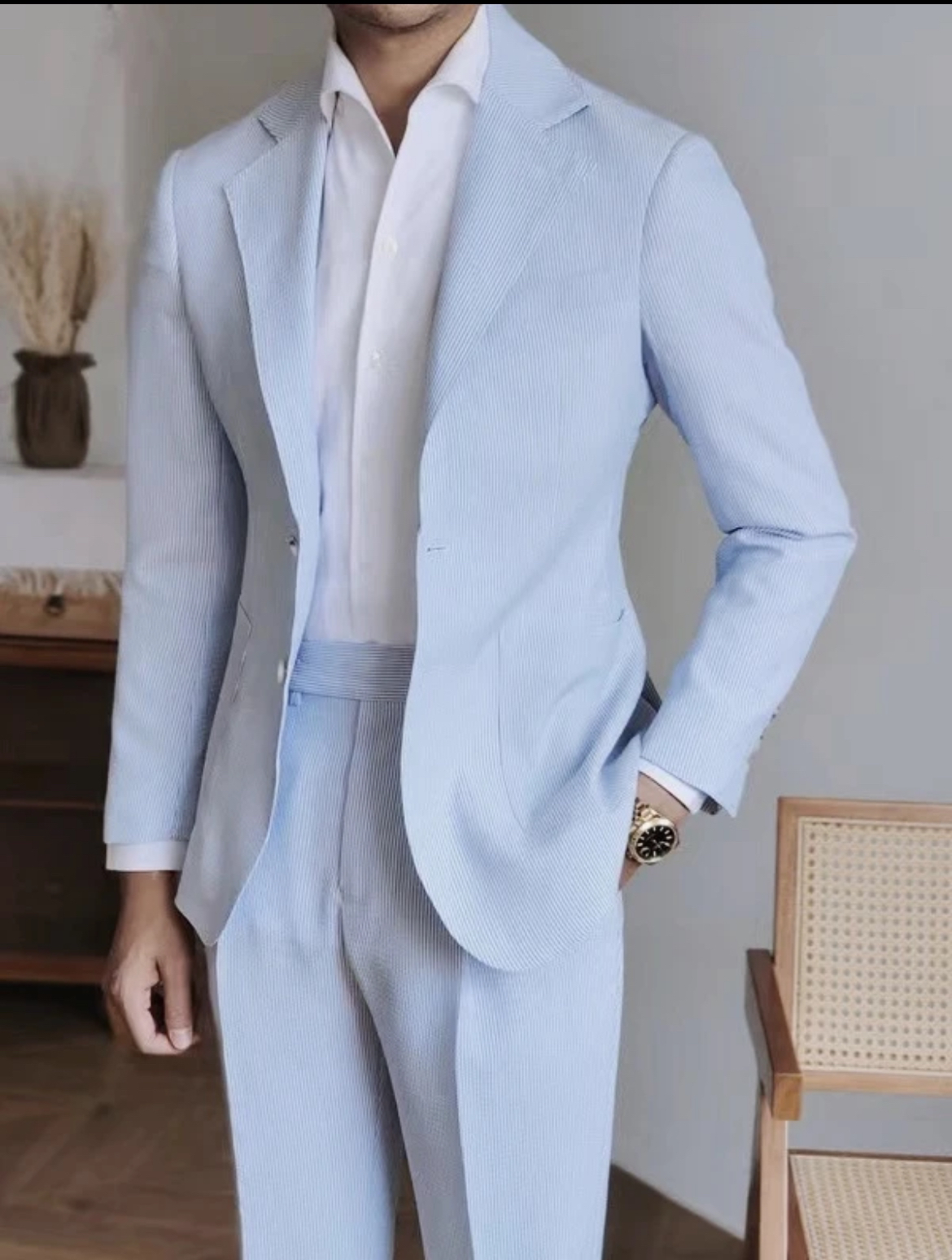 2025蓝条纹西装修身单西休闲英伦枪驳领套装西服男士泡泡纱西装
