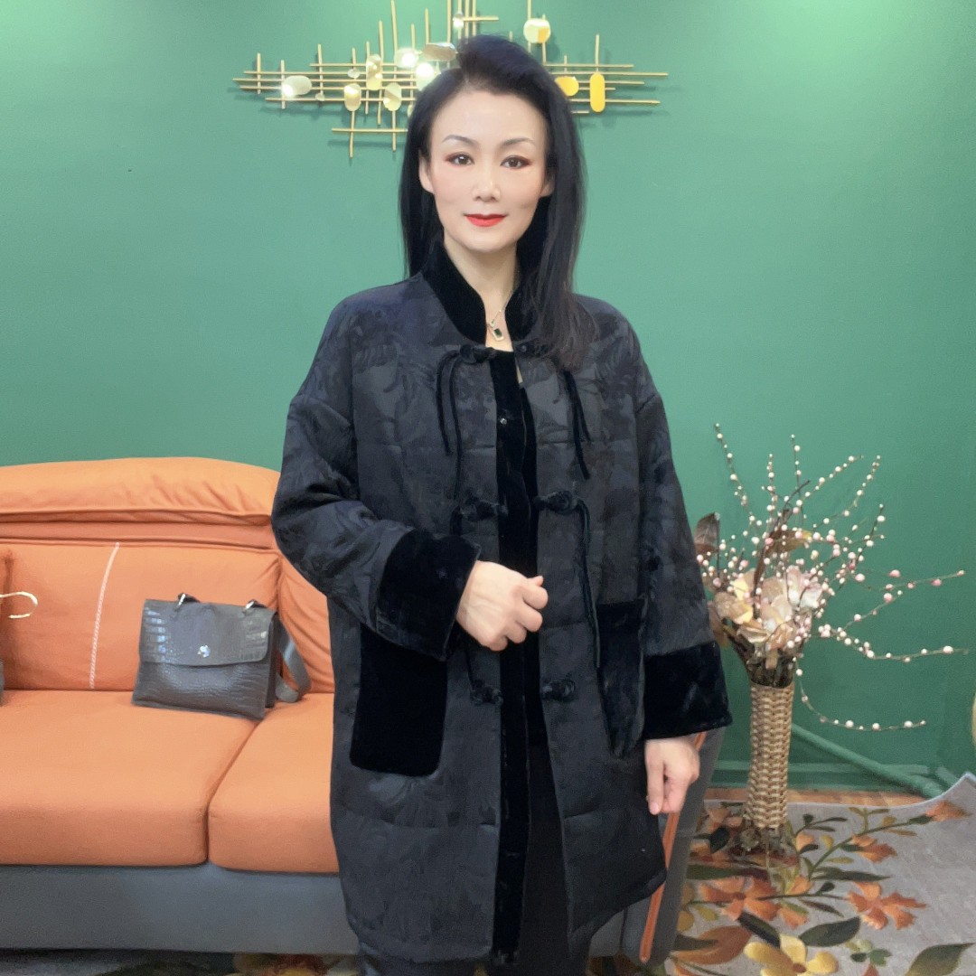 冬季新中式时尚气质丝绒提花中长款拼接秋冬国风棉服女士中长款
