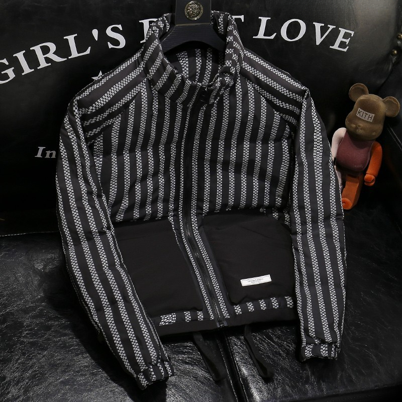 欧货高端立领条纹羽绒服男士青年修身羽绒衣韩版撞色轻奢男装外套