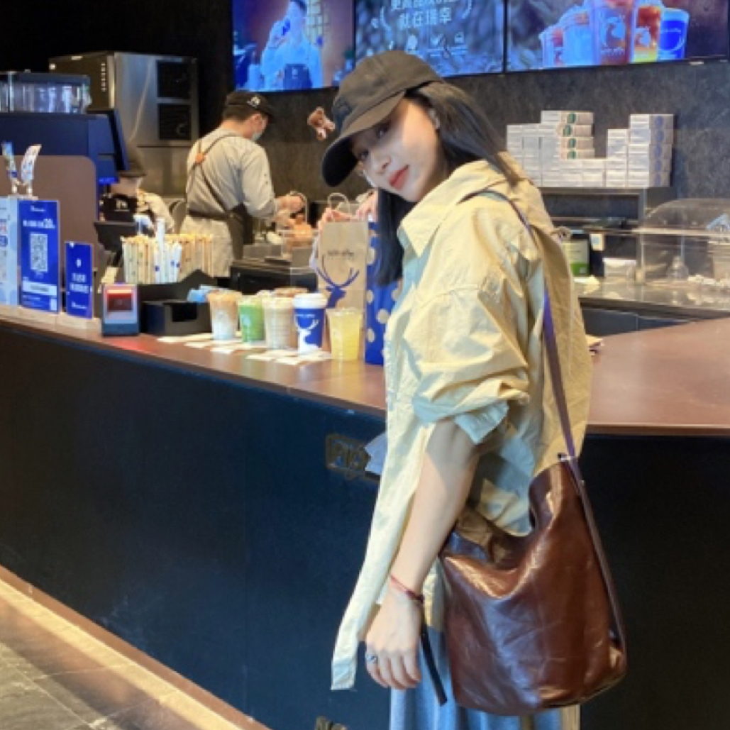 Lulu【两背水桶包2582】高级感牛皮褶皱水桶包