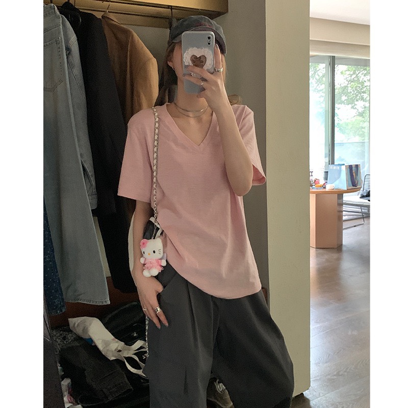 W00546纯色V领t恤女短袖夏显瘦减龄半袖设计感上衣