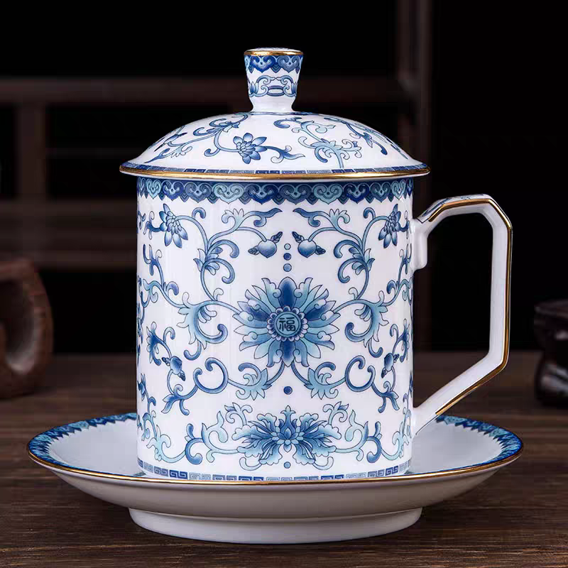景德镇本土高温白瓷带碟茶杯金砖会议杯青花珐琅彩手工描金个人杯