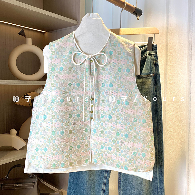 柚子Yours【荷颜月色】 陆美英四重纬宋锦中式圆领款马甲