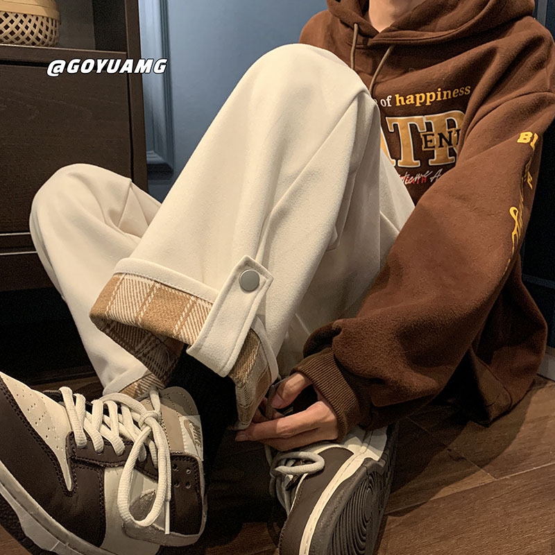 V37韩版直筒休闲毛呢裤男女秋冬季加绒加厚宽松阔腿显瘦潮流裤子