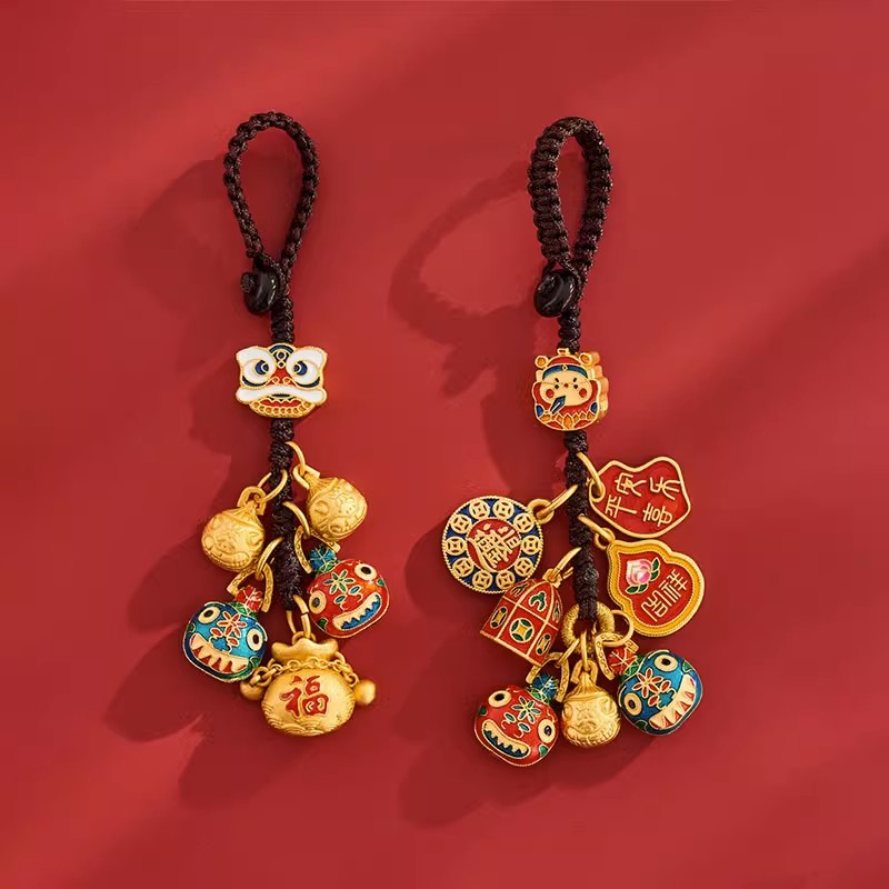 吞金兽手机链挂饰沙金铜财神爷一家三口四口汽车钥匙扣挂件男女士