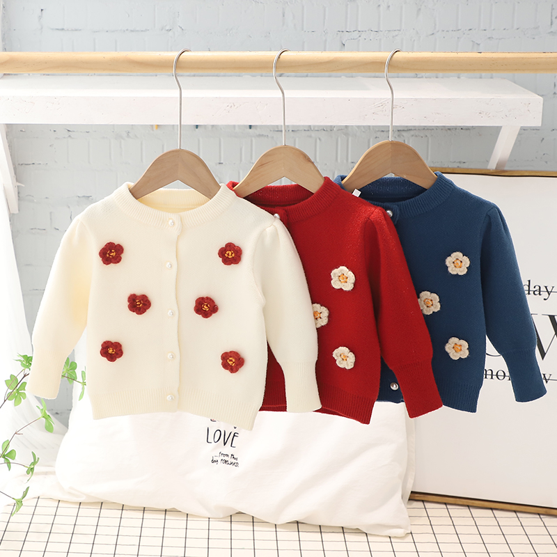 9876春秋款洋气手工毛衣女宝宝针织衫韩版毛衣女童立体花朵外套