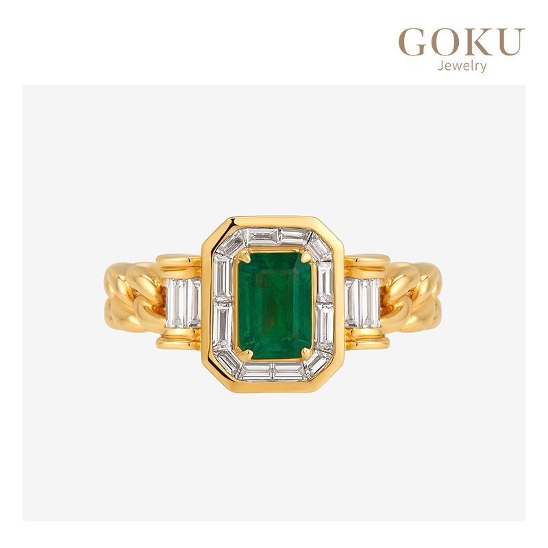 GOKU18K金戒指女大分数方形祖母绿钻戒镶嵌绿色宝石经典婚戒