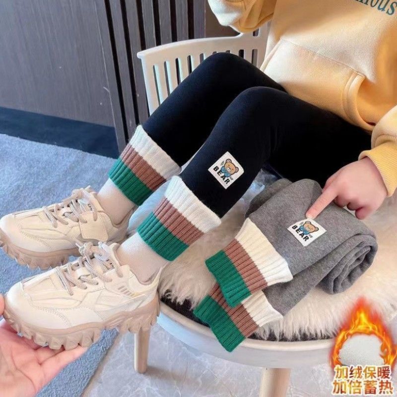 女童加绒裤子2023新款秋冬季加绒加厚女宝宝打底裤小童裤子外穿潮