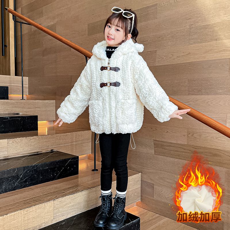 女童外套冬款加绒儿童毛毛衣冬季洋气上衣小女孩加厚羊羔绒秋冬装