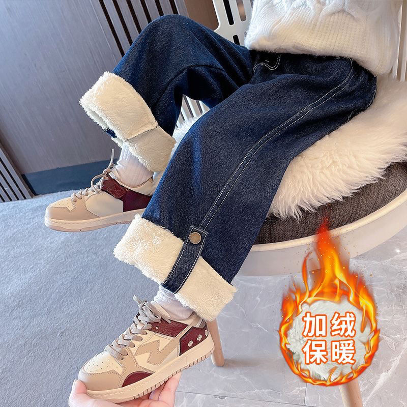 女童加绒牛仔裤秋冬季2023新款网红儿童装宝宝一体绒外穿冬装裤子
