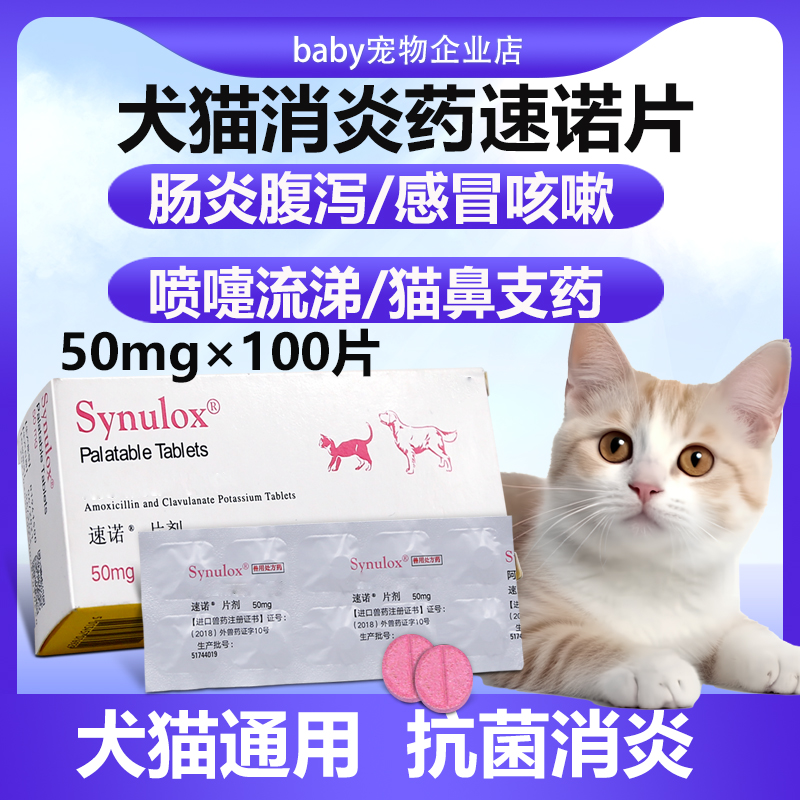 速诺片猫咪宠物治疗猫鼻支药打喷嚏感冒药咳嗽腹泻口服速诺阿莫西